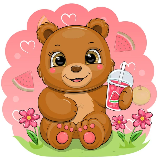 Милий Мультяшний Коричневий Ведмідь Кавуновим Соком Векторна Ілюстрація Тварини Рожевому — стоковий вектор