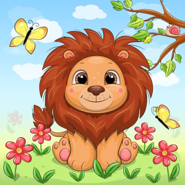 Doğadaki sevimli çizgi film aslanı. Kırmızı çiçekli bir hayvanın vektör çizimi, sarı kelebekler, yeşil çimenler, ağaç, mavi gökyüzü ve beyaz bulutlar.