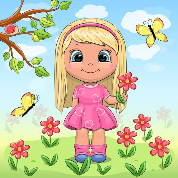 Cute Cartoon Girl Pink Dress Holding Flower Vector Illustration Young — Stock Vector