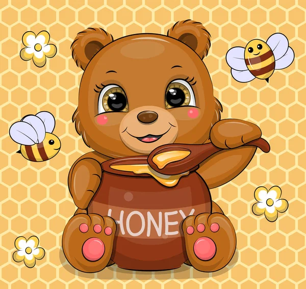 Cute Cartoon Teddy Bear Eats Honey Vector Illustration Animal Honeycombs — Stock Vector