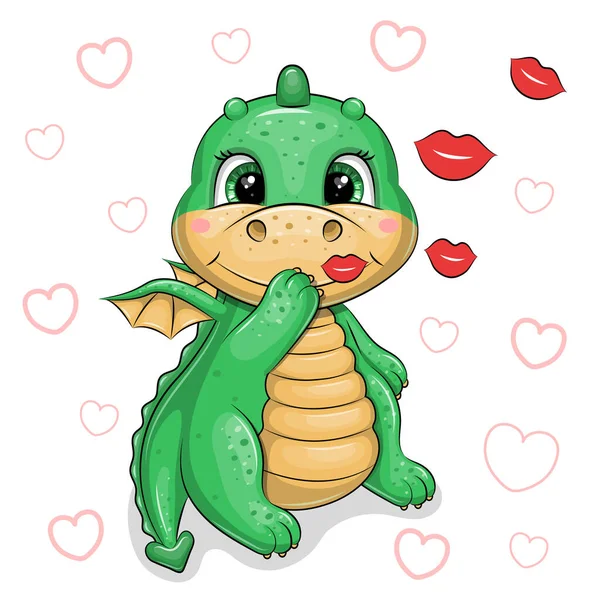 Lindo Dragón Verde Dibujos Animados Envía Besos Ilustración Vectorial Animal — Vector de stock