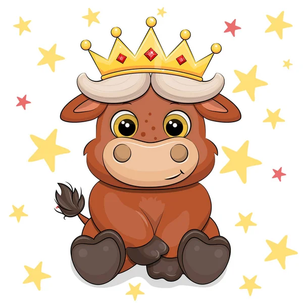 Słodki Król Bawołów Kreskówki Złotej Koronie Wektorowa Ilustracja Królewskiego Zwierzęcia — Wektor stockowy