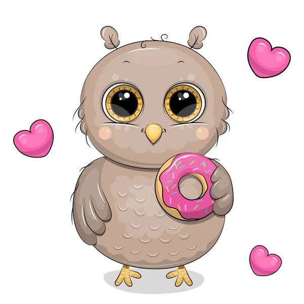 Stock vector Cute cartoon owl with a donut. Vector illustration of a bird and pink hearts on a white background.