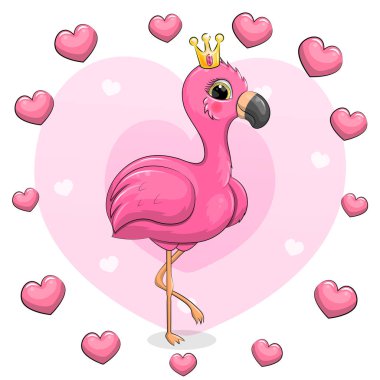 Kalp çerçevesinde taç olan sevimli pembe flamingo karikatürü. Pembe arka planda bir kuşun vektör çizimi.