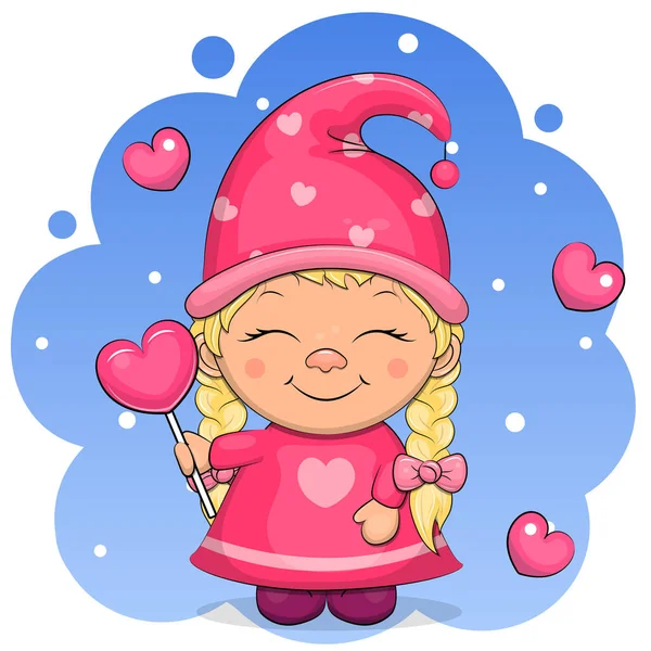 ピンクのドレスと帽子のかわいい漫画のノームの女の子は ハート型のキャンディーを持っています 白い雪と青の背景に小人の女性のベクトルイラスト — ストックベクタ