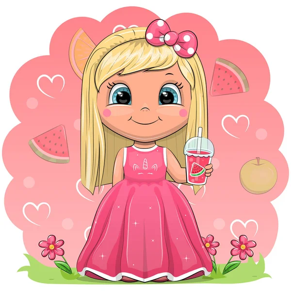 Cute Cartoon Girl Dress Watermelon Juice Vector Illustration Woman Pink — Stock Vector
