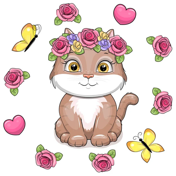 Söt Tecknad Katt Med Rosa Ram Sitter Blomsterram Vektor Illustration — Stock vektor