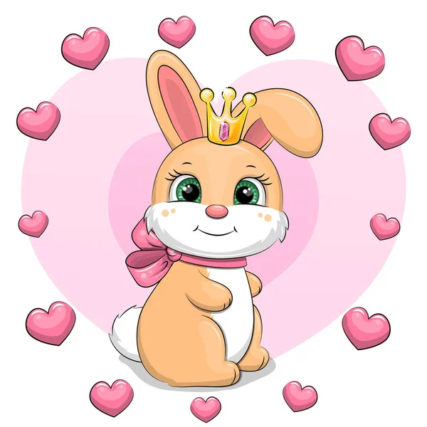 ハートフレームに王冠とかわいい漫画のウサギ ピンクを背景にした動物のベクターイラスト — ストックベクタ