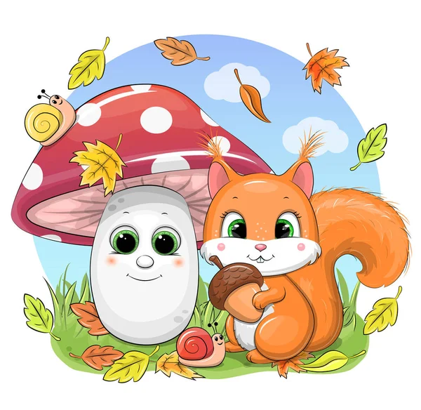 가을에 도토리와 버섯을 곁들인 귀여운 다람쥐 자연계에 존재하는 — 스톡 벡터