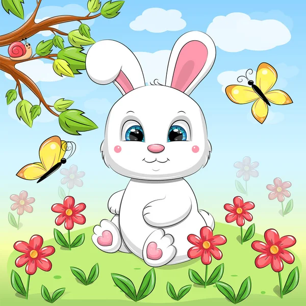 自然の中でかわいい漫画の白いウサギ 黄色い蝶 赤い花 緑の草 青い空と白い雲と春の動物ベクトルのイラスト — ストックベクタ