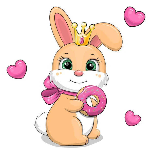 ピンクの弓と黄金の冠を持つかわいい漫画のウサギはドーナツを保持しています 白い背景に動物とピンクのハートのベクトルイラスト — ストックベクタ
