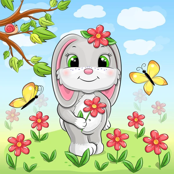 Cute Cartoon Gray Rabbit Nature Vector Illustration Animal Yellow Butterflies — Stock Vector