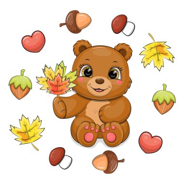 Güz çerçevesinde yaprakları olan sevimli çizgi film kahverengi ayısı. Akçaağaç yaprağı, kalp, meşe palamudu, fındık ve mantarlı beyaz arka planda bir hayvanın vektör çizimi.