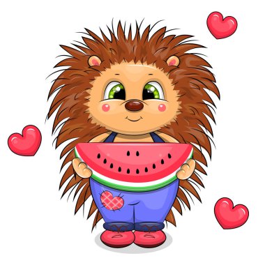 Şirin bir çizgi film kirpisi elinde bir karpuz tutuyor. Beyaz zemin üzerinde kırmızı kalpler olan yaz hayvan vektör illüstrasyonu.