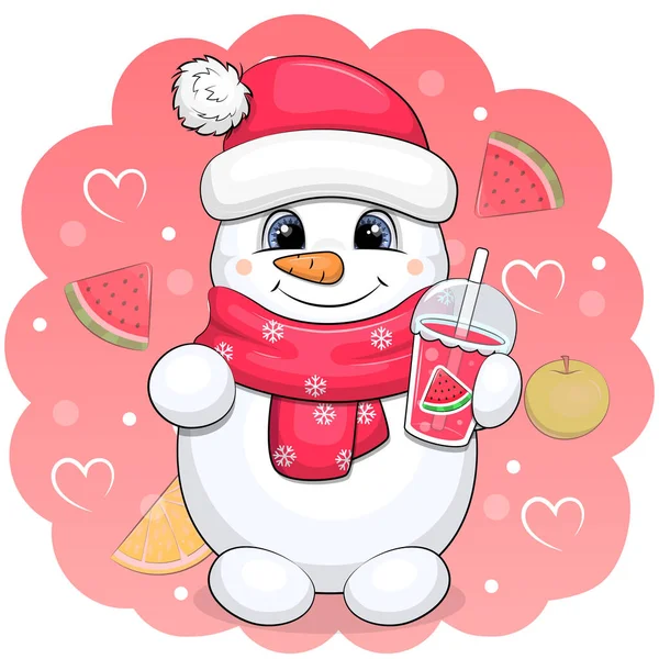 スイカジュースでかわいい漫画雪だるま 果実と心を持つ赤い背景のベクトルイラスト — ストックベクタ