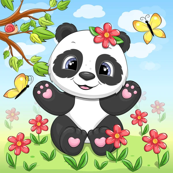 在自然界中可爱的卡通熊猫 有黄蝴蝶 白云和树枝的动物的病媒图解 — 图库矢量图片
