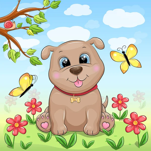 Cute Cartoon Dog Garden Vector Illustration Animal Red Flowers Yellow — Stock Vector