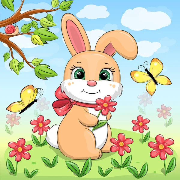 Lindo Conejo Dibujos Animados Jardín Ilustración Vectorial Animal Con Flores — Vector de stock