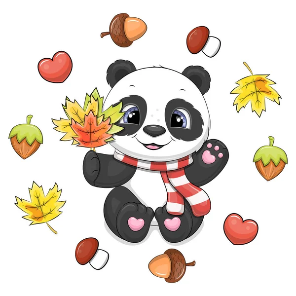 Mignon Panda Dessin Animé Avec Une Écharpe Rouge Des Feuilles — Image vectorielle