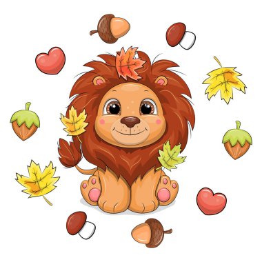 Sonbaharda yaprakları dökülen sevimli çizgi film aslanı. Beyaz arka planda sarı yapraklı, fındıklı, meşe palamutlu, mantarlı ve kalpli bir hayvanın vektör çizimi.