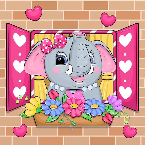 Cute Cartoon Gray Elephant Looks Out Window Vector Illustration Animal — Stock Vector