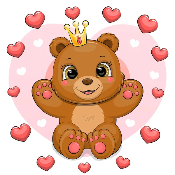 Милый Мультяшный Бурый Медведь Короной Раме Сердца Векторная Иллюстрация Животного — стоковый вектор