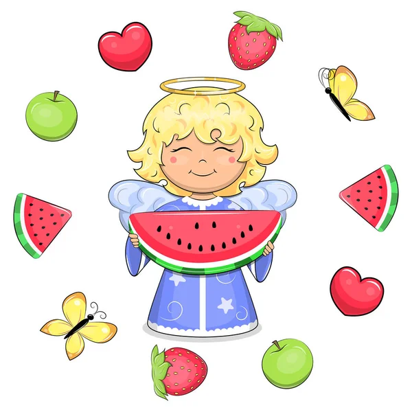 可爱的卡通片天使与西瓜在水果框架 有翅膀的婴儿 白色背景上的心脏的向量图 — 图库矢量图片