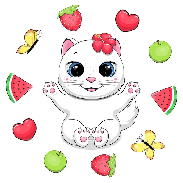 Mignon Dessin Animé Chat Blanc Avec Une Fleur Rouge Dans — Image vectorielle