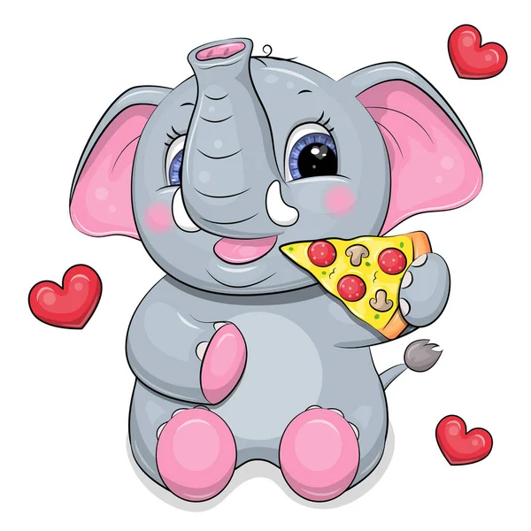 Netter Cartoon Elefant Isst Pizza Vektorillustration Eines Tieres Mit Nahrung — Stockvektor