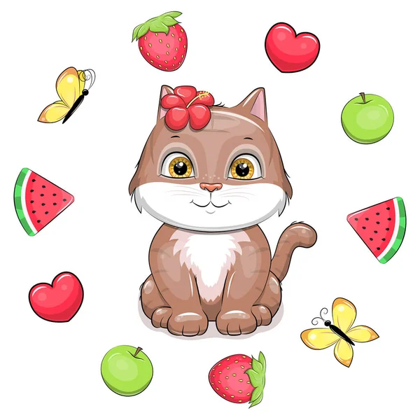 Gato Desenho Animado Bonito Com Moldura Flor Frutas Ilustração Vetor —  Vetores de Stock