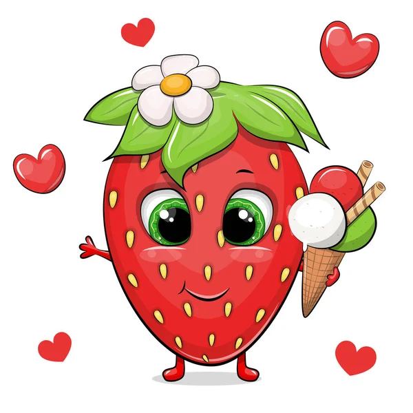 Niedliche Cartoon Erdbeere Mit Eis Sommer Beere Und Rote Herzen — Stockvektor