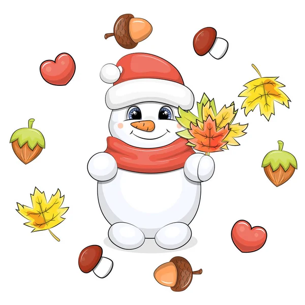 赤い帽子とスカーフのかわいい漫画の雪だるまが落ち葉を抱えています 白い背景にナッツ キノコ アコーン 心を持つ秋のフレームの雪だるまのベクトルイラスト — ストックベクタ