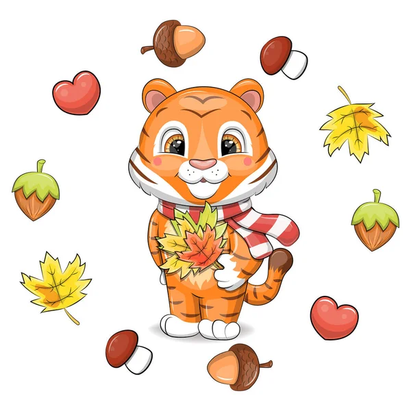 赤いスカーフと秋のフレームに落ちた葉を持つかわいい漫画の虎 ハート ナッツ アコーン キノコを白い背景にした動物のベクトルイラスト — ストックベクタ