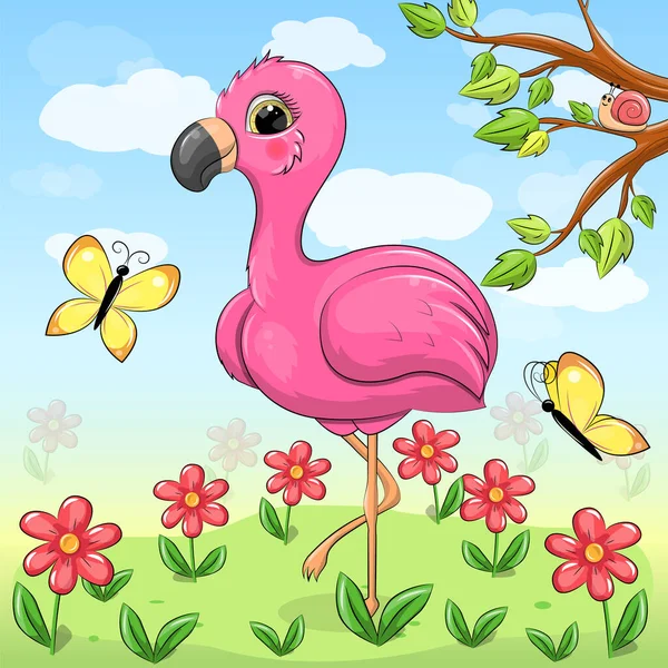 Doğada şirin pembe flamingo çizgi filmi. Tropikal kuşun bahar vektör çizimi, sarı kelebekler, kırmızı çiçekler, ağaç, mavi gökyüzü, beyaz bulut.