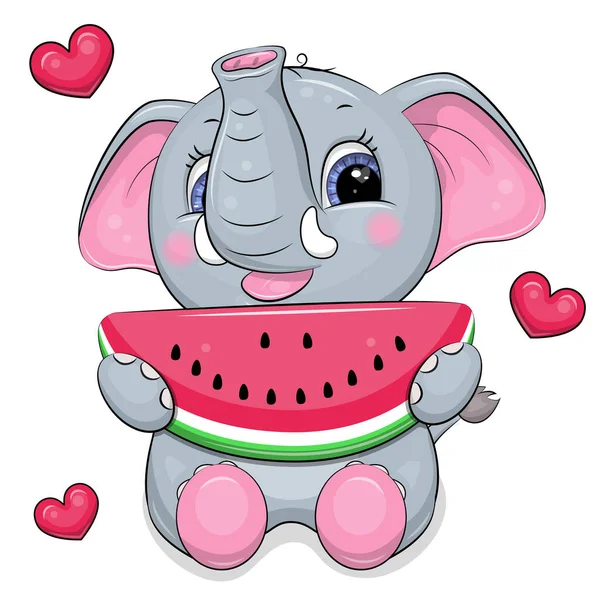 Netter Cartoon Elefant Frisst Wassermelone Sommer Tiervektorillustration Mit Roten Herzen — Stockvektor