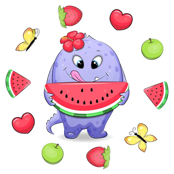 Cute Cartoon Monster Watermelon Fruit Frame Summer Vector Illustration Watermelon — Stock Vector