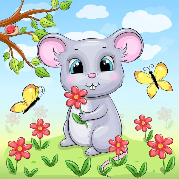 Bonito Desenho Animado Mouse Cinza Com Flor Vermelha Natureza Ilustração —  Vetores de Stock