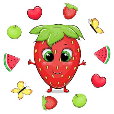 Tatlı bir karikatür, çilek ve meyve çerçevesi. Kırmızı kalpli yaz meyvesi illüstrasyonu, sarı kelebekler, karpuz, yeşil elma ve çilek.