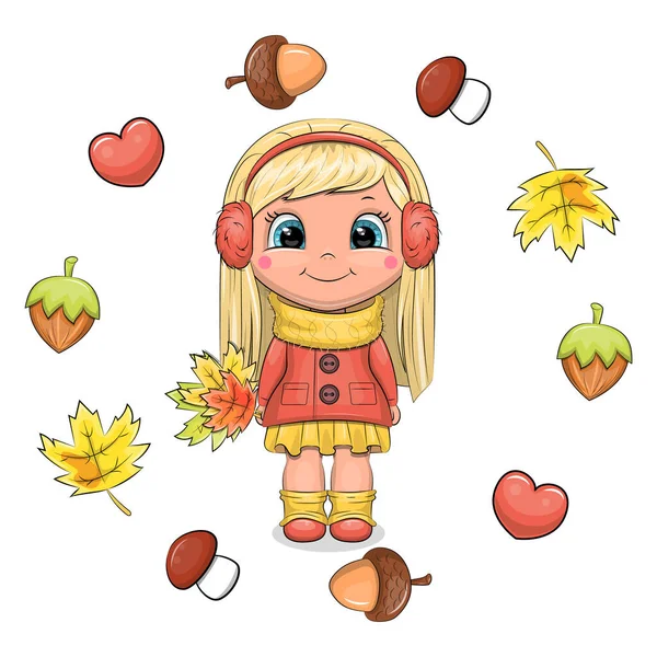 코트를 헤드폰을 귀여운 소녀가 낙엽을 배경에 나뭇잎 송곳니를 가지고 로열티 프리 스톡 일러스트레이션