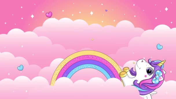 Unicornio Cielo Con Nubes Arco Iris Corazones Mariposas Linda Animación — Vídeo de stock