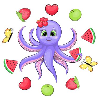 Meyve çerçevesinde karpuz olan şirin bir çizgi film ahtapotu. Yeşil elma, kırmızı kalp, çilek, karpuz ve beyaz arka planda izole edilmiş sarı kelebek içeren yaz hayvan vektör çizimi.