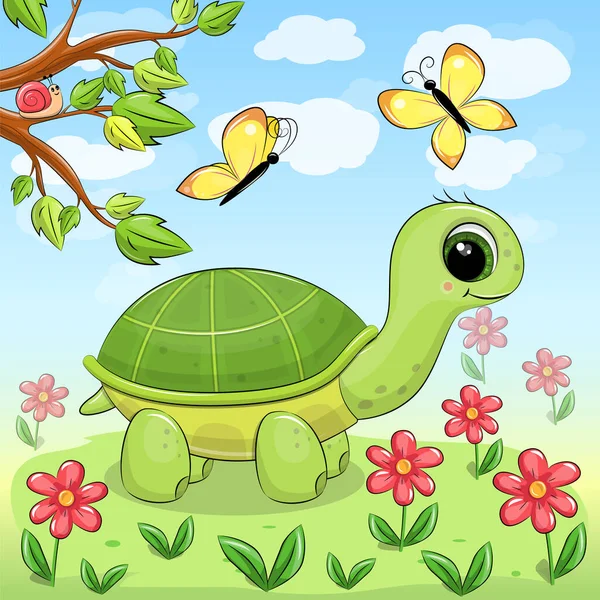 Linda Tortuga Verde Dibujos Animados Naturaleza Primavera Animal Vector Ilustración — Archivo Imágenes Vectoriales