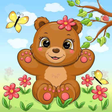 Doğada şirin bir çizgi film karakteri. Kırmızı çiçekli bahar hayvan vektör illüstrasyonu, sarı kelebekler, yeşil çimenler, ağaç, mavi gökyüzü ve beyaz bulutlar.