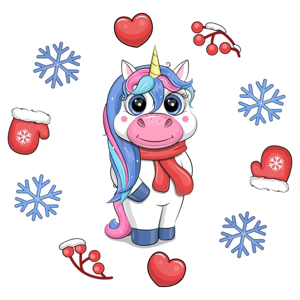 Cute Cartoon Unicorn Red Scarf Winter Frame Christmas Animal Vector — Stock Vector