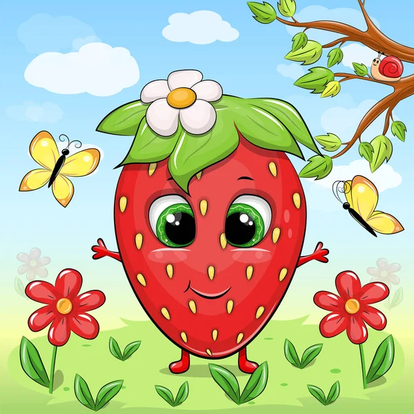 Cute Cartoon Red Strawberry Nature Spring Vector Illustration Berries Flowers — Stock Vector
