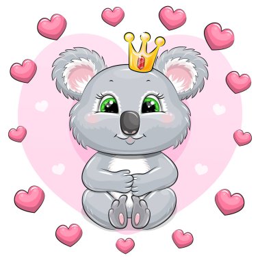 Kalp çerçevesinde taç olan şirin bir çizgi film koalası. Pembe arka planda bir hayvanın vektör çizimi.