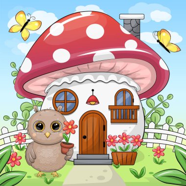 Mantar evli şirin çizgi film baykuşu. Evinde, çiçeklerinde, doğasında kelebekler olan hayvanların yaz vektör çizimi.