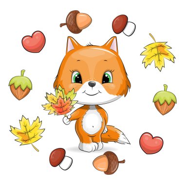 Sonbahar çerçevesinde düşen yaprakları olan sevimli çizgi film kızıl tilkisi. Cevizli, palamutlu, sarı yapraklı, mantarlı ve beyaz arka planda kalbi olan bir hayvanın vektör çizimi.