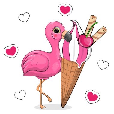 Büyük dondurmalı sevimli pembe flamingo çizgi filmi. Beyaz arka planda pembe kalpli yaz hayvan vektörü çizimi. 