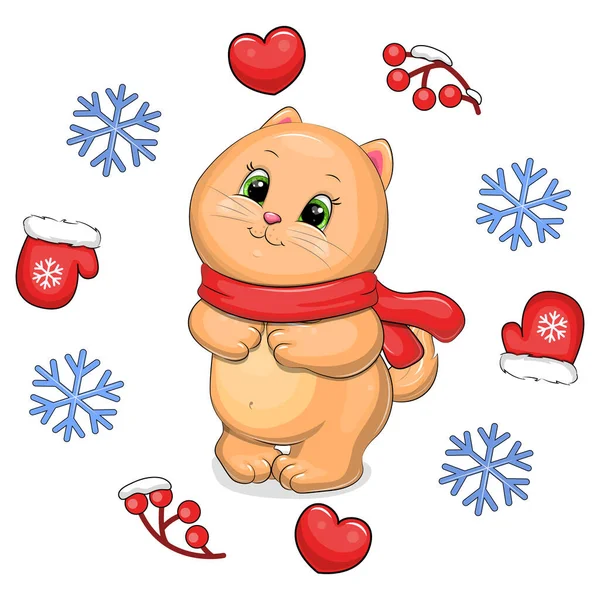 Roztomilá Kreslená Kočka Červenou Šálou Zimním Rámečku Vektorová Ilustrace Zvířete — Stockový vektor